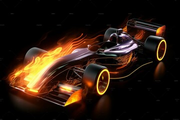 Illustration of a race car for competition, with fiery flames and high velocity, displayed on a black background. Generative AI