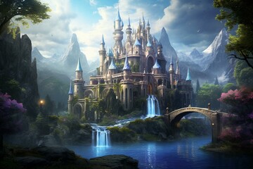 A beautiful castle nestled near a forest waterfall in a mystic realm of fairies. Generative AI