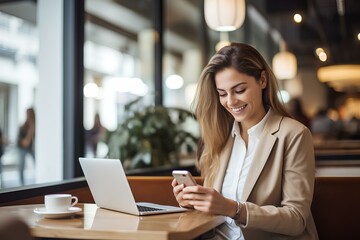 happy business woman using laptop and smartphone in cafe. generative AI - obrazy, fototapety, plakaty