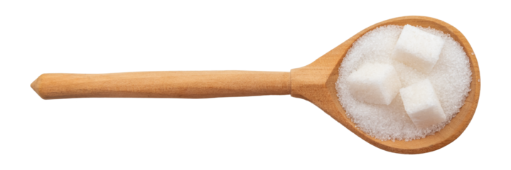 Sugar in a wooden spoon on a white background. View from above. sugar cubes