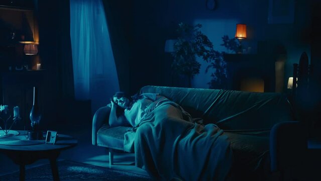 Video of a young woman sleeping on the couch, when suddenly the lights start flashing and her blanket gets pulled by some entity, ghost, poltergeist.