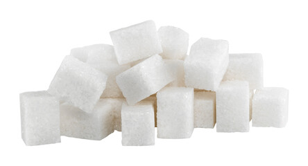 A bunch of sugar cubes on a white background. Sugar isolate