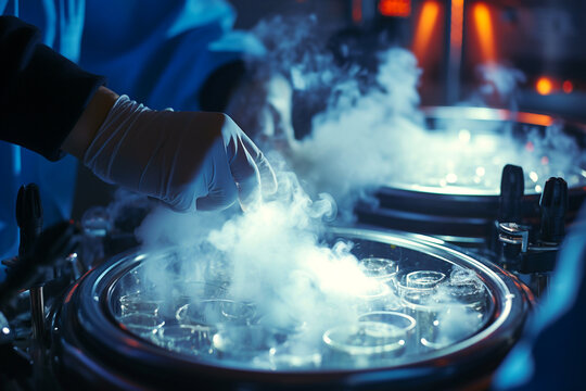 IVF treatment. Artificial insemination. Close-up hand working with liquid nitrogen from cryogenic tank at sciences laboratory. High tech medical lab equipment used in vitro fertilization process