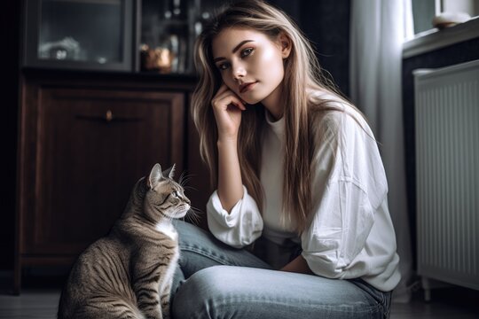 Shot Of A Young Woman Looking Thoughtful While Sitting On The Floor With Her Cat