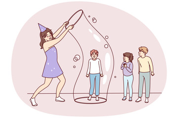 Happy woman entertainer playing with huge bubbles with small kids at birthday party. Smiling female have fun entertain children with game activities. Vector illustration.