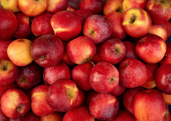 Fototapeta na wymiar Ripe red apples. Top view of many apples.