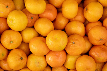 Ripe orange tangerines. Top view of a farmer's market tray