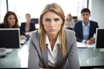 Obraz premium a young businesswoman looking stressed while sitting at her desk with a few other colleagues in the background
