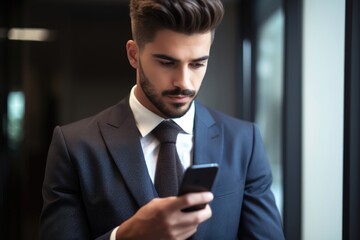 cropped portrait of a handsome young businessman using his cellphone while standing in the office