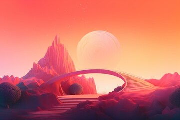 Enchanting otherworldly scenery featuring a curved platform under a beautiful gradient sky. Captivating illustration. Generative AI