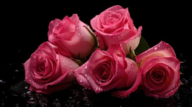 pink roses with water drops on black background, valentine concept. Mother's day concept with a space for a text. Valentine day concept with a copy space.