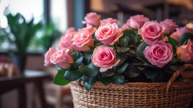 Beautiful pink roses in a wicker basket in a coffee shop. Mother's day concept with a space for a text. Valentine day concept with a copy space.