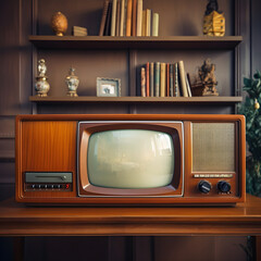 Vintage living room with old fashioned bookshelf with retro television