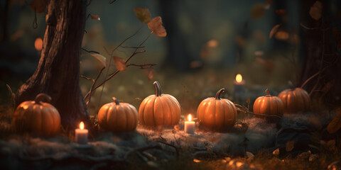 Halloween in a foggy autumn forest with a candle and pumpkins