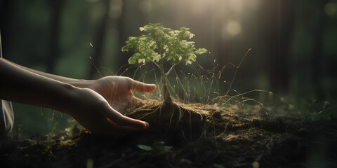 Care and protection of the environment.  Hands holding and planting a tree