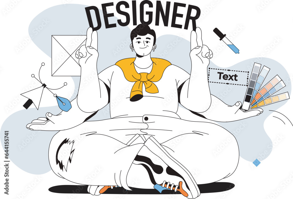Poster designer works concept with people scene in flat line design for web. man drawing and designing with