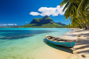 Relaxing tropical beach landscape in Mauritius, Le Morne. Generative AI