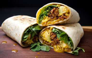 Creamy banana sweetness with a spicy touch of mustard in a burrito. Taste-defying banana burrito with mustard. Concept of inspiration of flavors and combinations.