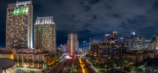 Fototapeta premium San Diego downtown night aerial cityscape