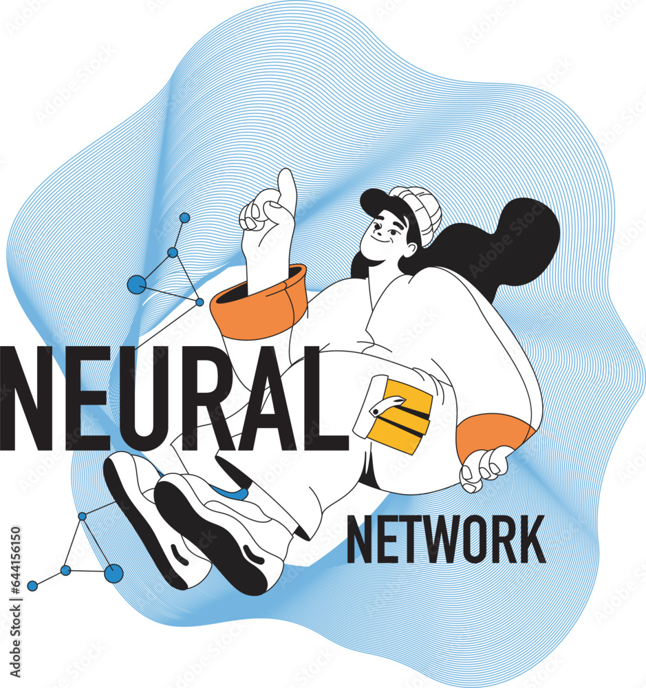 Poster Neural network concept with people scene in flat line design for web. Woman interacting with artificial intelligence, processing data. Vector illustration for social media banner, marketing material.