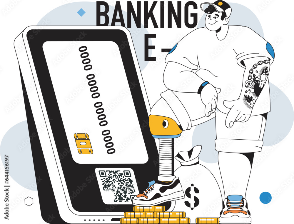 Poster Online banking concept with people scene in flat line design for web. Man makes online transaction with e-wallet or credit card in app. Vector illustration for social media banner, marketing material.