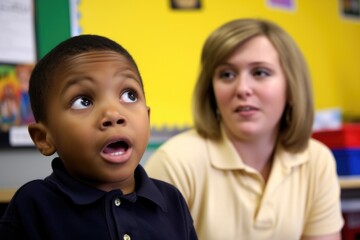 shot of a young boy looking shocked about what his teacher is saying