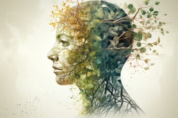 A woman's face surrounded by nature's embrace. Nature and Nurture: Explore the interplay between genetics and environment in shaping a person's psychology - created with Generative AI technology