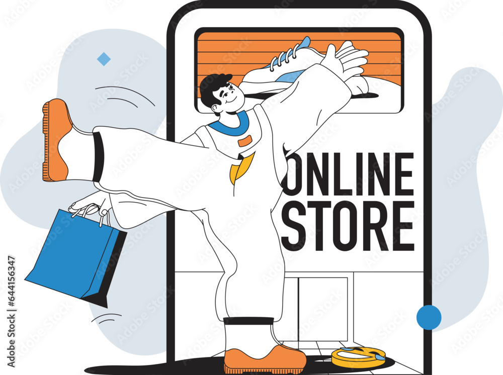 Poster Online shopping concept with people scene in flat line design for web. Man makes purchase in internet store and paying in mobile app. Vector illustration for social media banner, marketing material.