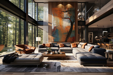 Modern interior design of a luxurious spacious living room with a large cortina on the wall