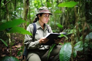 Naklejka na ściany i meble shot of a young zoologist holding a clipboard while conducting research in the jungle