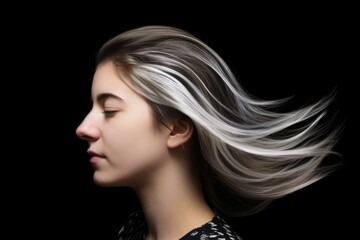Fototapeta premium studio shot of a young woman with two gray streaks in her hair isolated on black