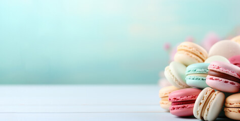 Banner, The background is light mint with macaroons AI generated - obrazy, fototapety, plakaty