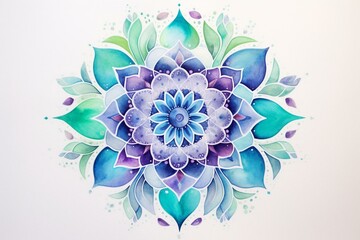 A mandala with blue, green, and purple watercolor on textured paper. Generative AI