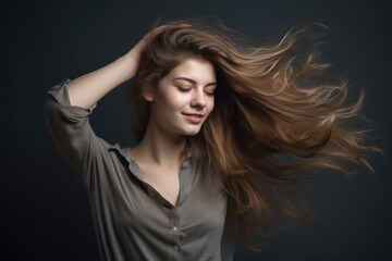 studio shot of an attractive young woman playing with her hair against a grey background