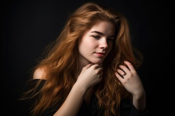 studio portrait of a beautiful young woman biting her hair