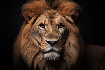 Fototapeta premium Lion head with black background on, close up, big white eyes, portrait of a lion in the style of photo-realistic compositions, strong facial expression