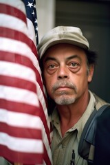 portrait of a male protester holding an american flag outside a court room