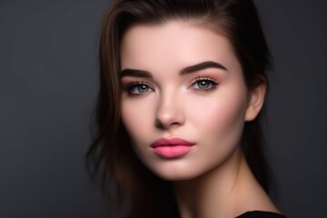 studio shot of a beautiful young woman with pink lipstick and black eyeliner