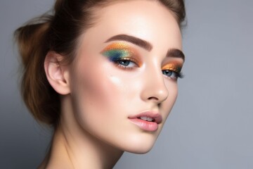 Fototapeta premium studio shot of a beautiful young woman wearing colorful eye shadow against a grey background