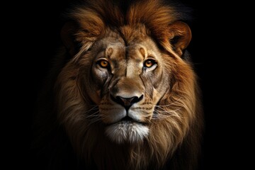 Fototapeta premium Lion head with black background on, close up, big white eyes, portrait of a lion in the style of photo-realistic compositions, strong facial expression