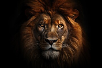 Naklejka premium Lion head with black background on, close up, big white eyes, portrait of a lion in the style of photo-realistic compositions, strong facial expression