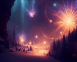 Blurred christmas background with sparkles, stars, fireworks, cosmic landscape, magic forest, celebration in violet and golden colors. Copyspace for new year greeting card, postcard.