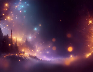 Fototapeta na wymiar Blurred christmas background with sparkles, stars, fireworks, cosmic landscape, magic forest, celebration in violet and golden colors. Copyspace for new year greeting card, postcard.