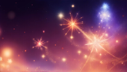 Fototapeta premium Blurred christmas background with sparkles, stars, fireworks, cosmic landscape, magic forest, celebration in violet and golden colors. Copyspace for new year greeting card, postcard.