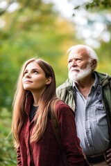Fototapeta premium portrait of a young woman and senior man out for a walk in nature