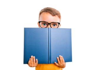 a a child reads a book against a png backgrounds