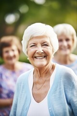 portrait of a happy senior woman standing outside with friends