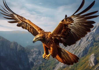 "Majestic Golden Eagle in Mountain Flight". Digital Poster. AI generated.
