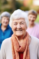 portrait of a happy senior woman standing outside with friends