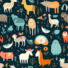 Abstract animals pattern, tileable illustrated texture.